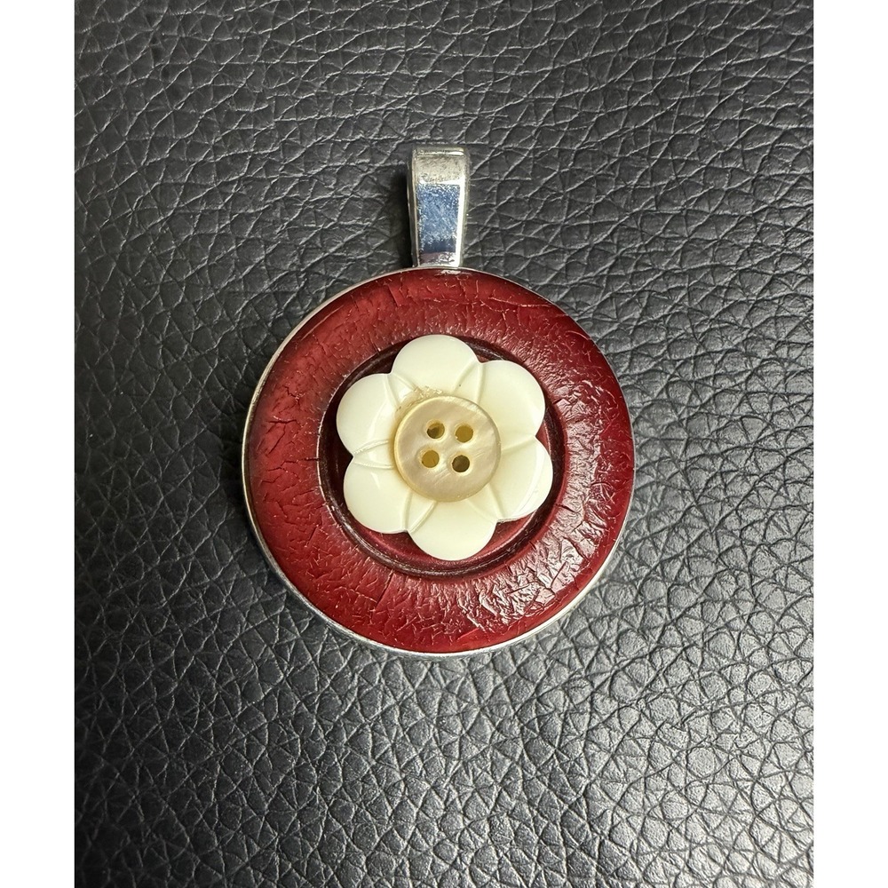 Vintage Button Pendant Handmade Red Cream Flower Retro Statement Necklace Charm